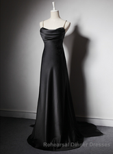 Black Soft Satin A-Line Floor Length Semi Formal Prom Dress, Black Straps Long Evening Dress